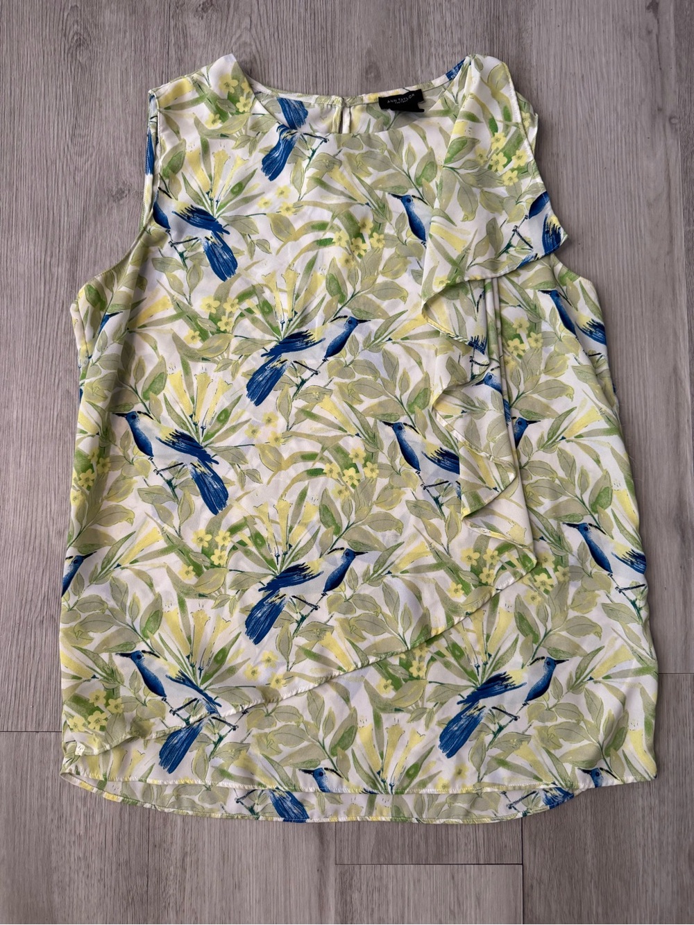 Ann Taylor Women’s Green Floral Blue Bird Print Sleeveless Blouse Size Small